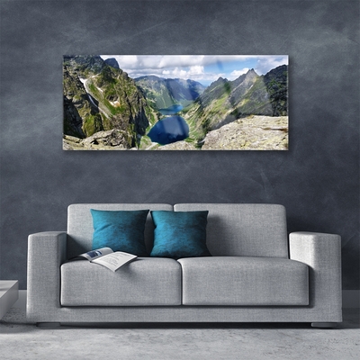 Foto schilderij op glas Mountain lake valley pieken