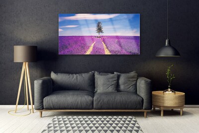 Foto schilderij op glas Gebied van de lavendel weide tree