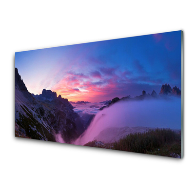 Foto schilderij op glas Fog sunrise mountain
