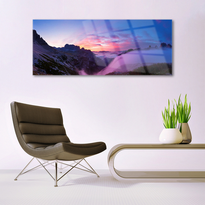 Foto schilderij op glas Fog sunrise mountain
