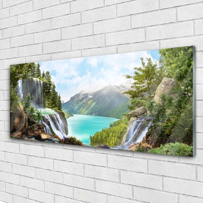 Foto schilderij op glas Mountain waterfall bay