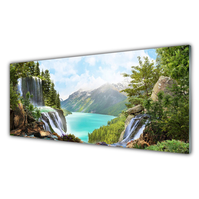 Foto schilderij op glas Mountain waterfall bay