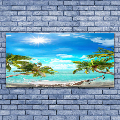 Foto schilderij op glas Tropische palmbomen hangmat beach