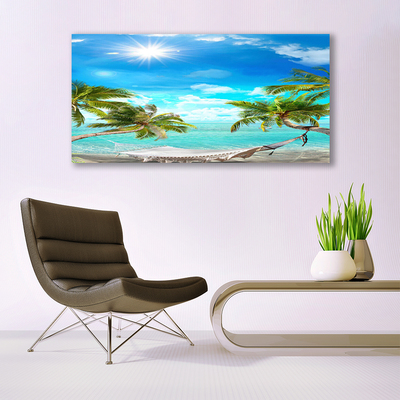 Foto schilderij op glas Tropische palmbomen hangmat beach