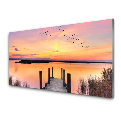 Foto schilderij op glas Pier sunset lake