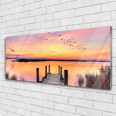 Foto schilderij op glas Pier sunset lake