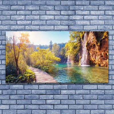 Foto schilderij op glas Lake landscape waterfall
