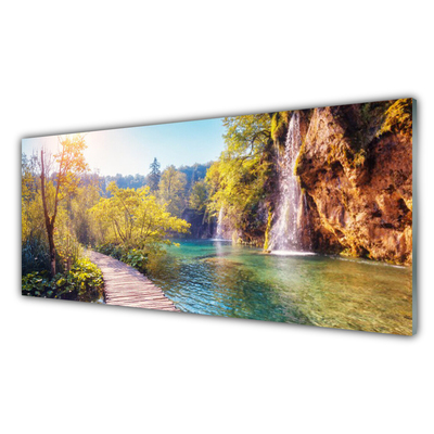 Foto schilderij op glas Lake landscape waterfall