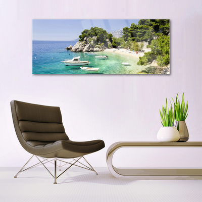 Foto schilderij op glas Rocks sea beach boats