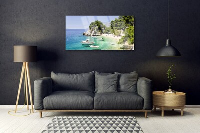 Foto schilderij op glas Rocks sea beach boats