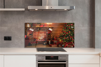 Keuken achterwand glas met print Kerstboom geschenken decoraties open haard