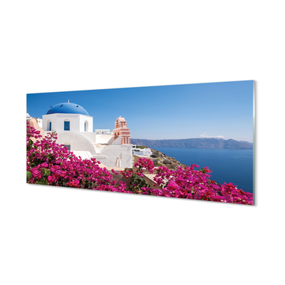 Achterwand keuken Griekenland bloemen zee gebouwen