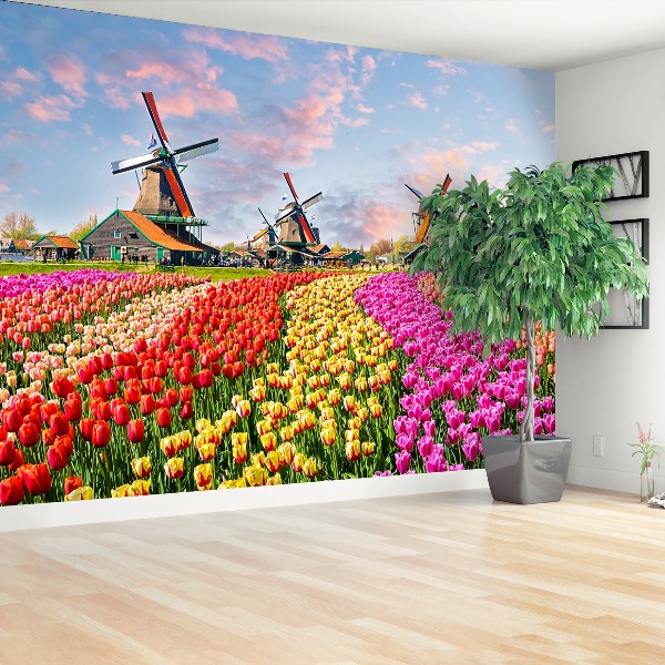 Fotobehang Tulpen windmolens