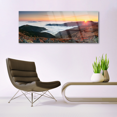 Schilderij op acrylglas Wolken landschap bergen zon