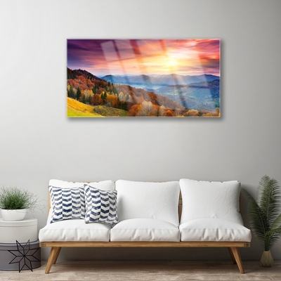 Schilderij op acrylglas The sun mountain forest landscape