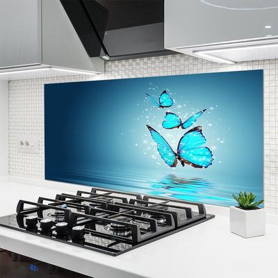 Keuken achterwand glas met print Blauwe vlinders water kunst