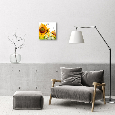 Vierkante glazen wandklok Zonnebloem