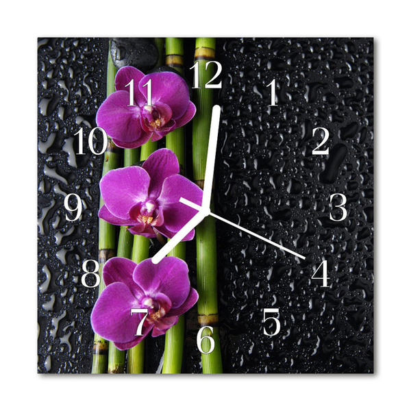 Vierkante glazen wandklok Orchidee
