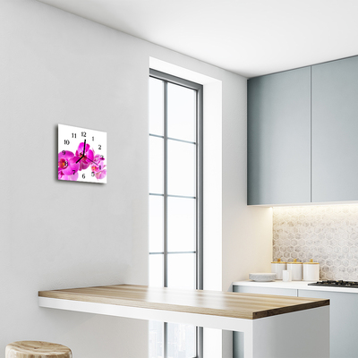 Vierkante glazen wandklok Orchidee