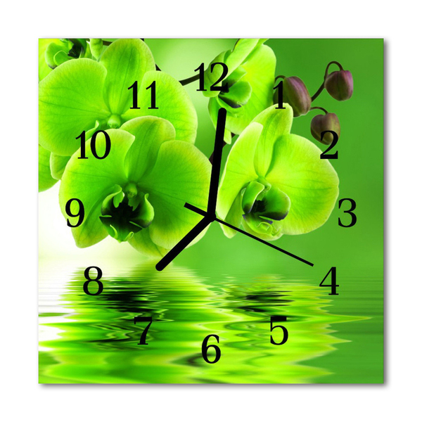 Vierkante glazen wandklok Orchidee