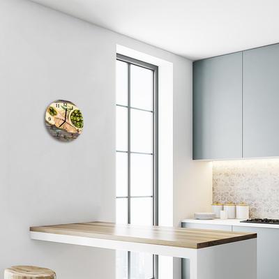 Ronde glazen wandklok Houten olijven