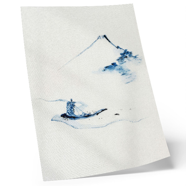 Decoratieve poster Man in een kleine boot op een rivier met de berg Fuji op de achtergrond (1830-1850) van Hokusai