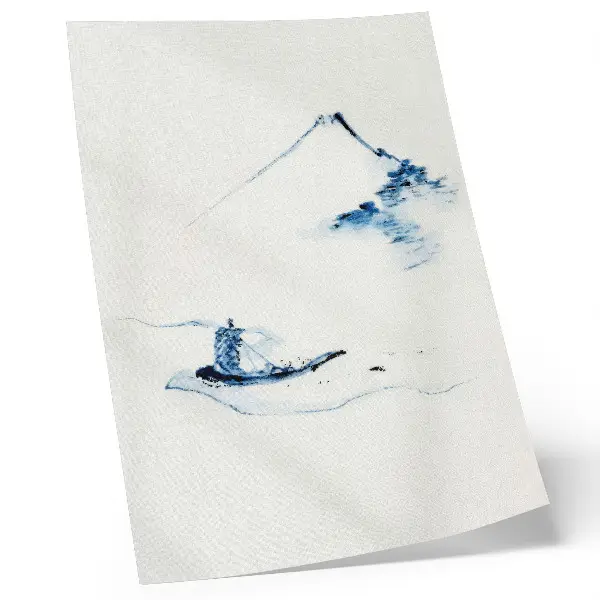 Decoratieve poster Man in een kleine boot op een rivier met de berg Fuji op de achtergrond van Hokusai (1830-1850)