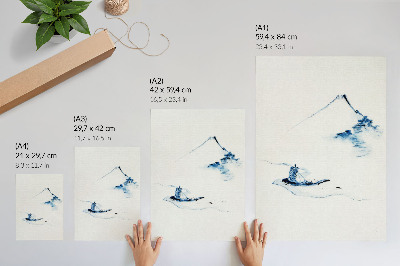 Decoratieve poster Man in een kleine boot op een rivier met de berg Fuji op de achtergrond (1830-1850) van Hokusai