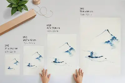 Decoratieve poster Man in een kleine boot op een rivier met de berg Fuji op de achtergrond van Hokusai (1830-1850)