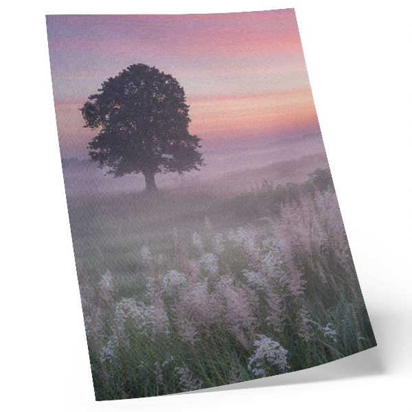 Wandposter Eenzame boom in de mist, pastelkleuren van de hemel.