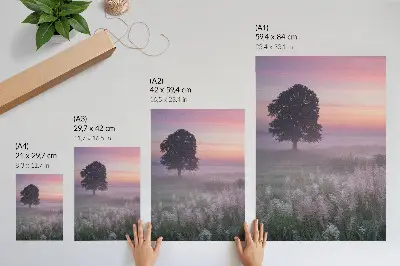 Wandposter eenzame boom in de mist met pastelkleuren in de lucht