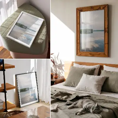 Decoratieve poster met weerspiegeling van bomen in rustig water
