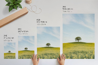 Decoratieve poster Een boom op een heuvel in een geel veld.