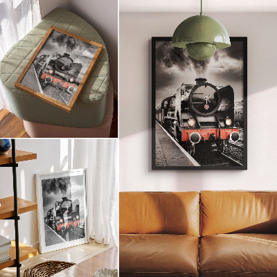 Wandposter Een krachtige en klassieke zwart-witte stoomlocomotief.