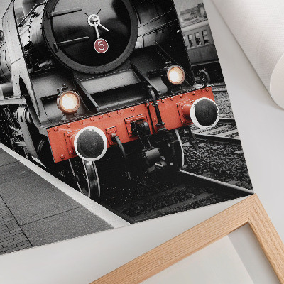 Wandposter Een krachtige en klassieke zwart-witte stoomlocomotief.