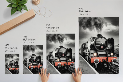 Wandposter Een krachtige en klassieke zwart-witte stoomlocomotief.