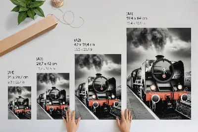 Wandposter met een krachtige en klassieke zwart-witte stoomlocomotief