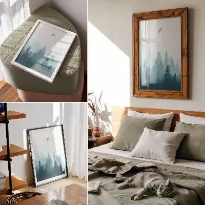 Wandposter zachte mist met een bosvogel hoog boven de bomen