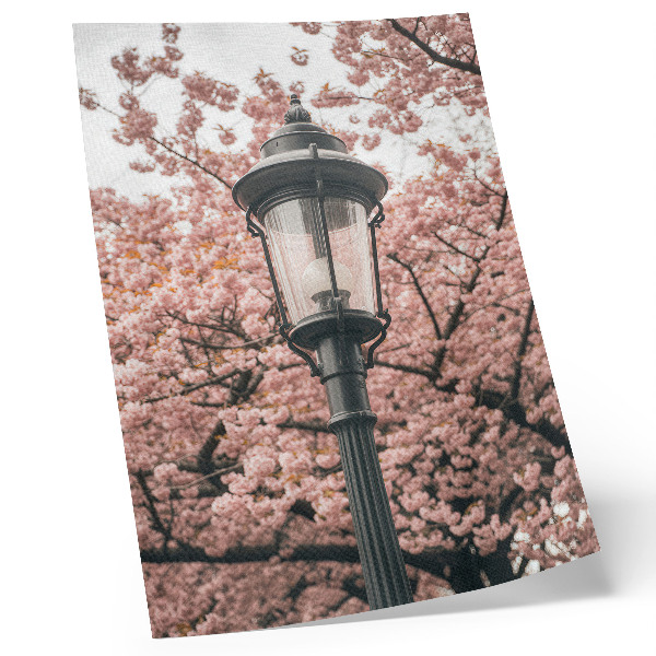 Poster Roze bomen, zwarte lantaarn, nostalgische sfeer