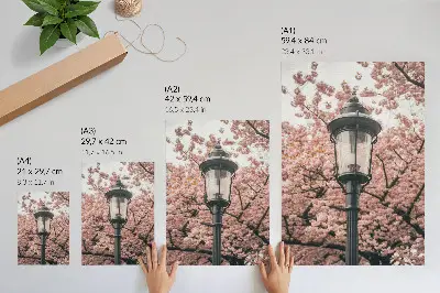 Poster roze bomen en een zwarte lantaarn in een nostalgische sfeer