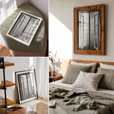 Decoratieve poster met open raam effect van een horizon in een rustruimte
