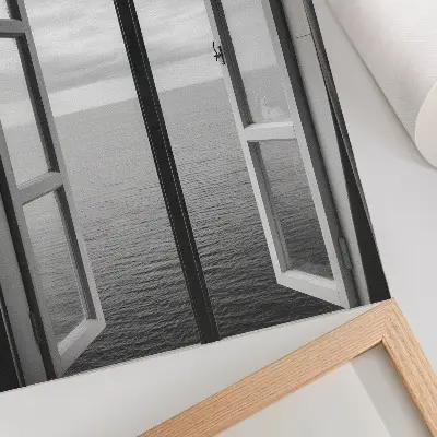 Decoratieve poster met open raam effect van een horizon in een rustruimte