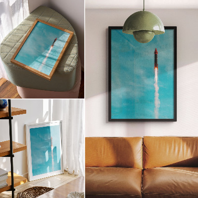 Wandposter Een raket die opstijgt in de blauwe lucht.