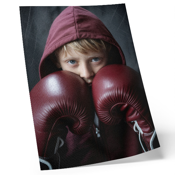 Decoratieve poster Kind in een bordeauxrode sweater, boxershort met handschoenen, minimalistisch design.