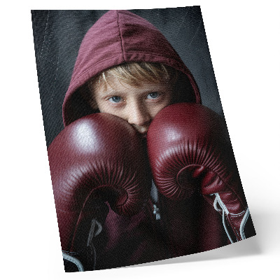 Decoratieve poster Kind in een bordeauxrode sweater, boxershort met handschoenen, minimalistisch design.