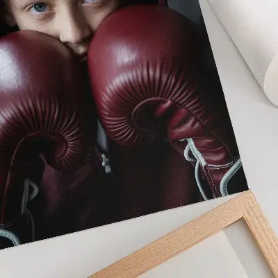 Decoratieve poster kind in een bordeauxrode sweater en boxershort met handschoenen in een minimalistisch design