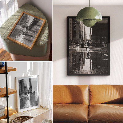 Wandposter Moderne stadsgrafiek in zwart-wit met regen.