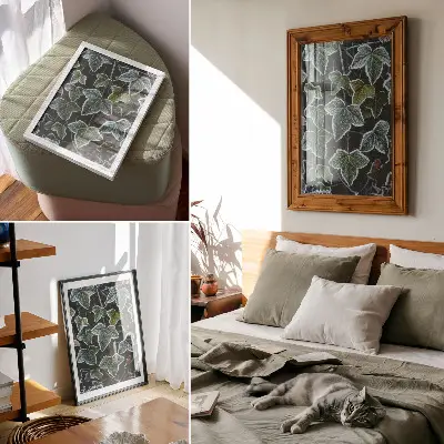 Decoratieve poster met groene bladeren en witte rijp aan de randen