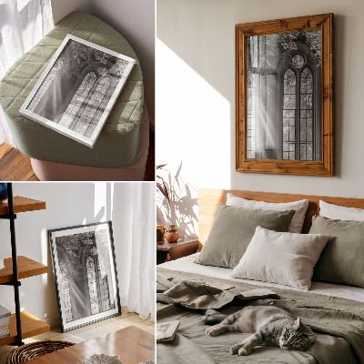 Wandposter Oude gotische ramen, licht, bladeren, mysterie