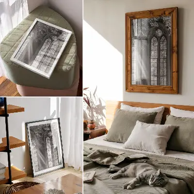 Wandposter oude gotische ramen met licht en bladeren in een mysterieuze sfeer